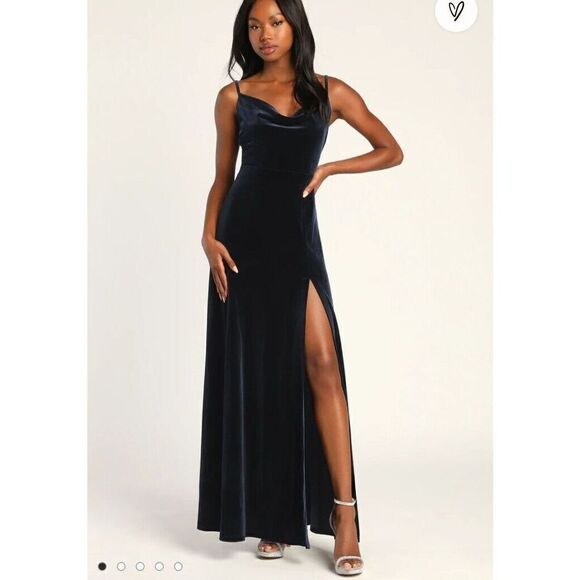 Lulu's Dress Elegant Luxury Navy Blue Velvet Cowl Neck Maxi Size X-Large - Picture 6 of 7